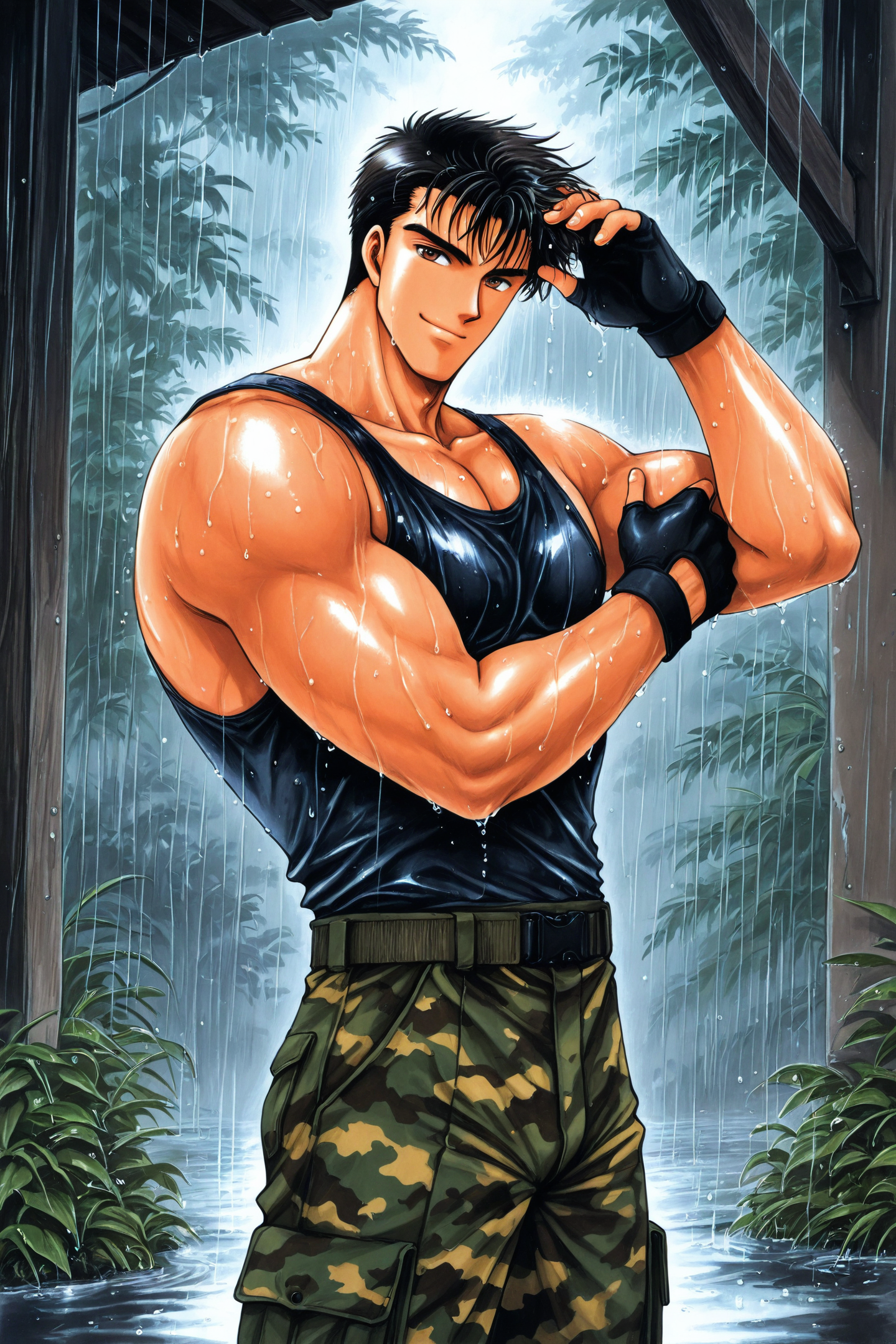41862-1360878885-Kusanagi Shiyu,male focus,1boy,solo,gloves,fingerless gloves,tank top,camouflage,black hair,rain,wet,smile,short hair,brown eyes.png